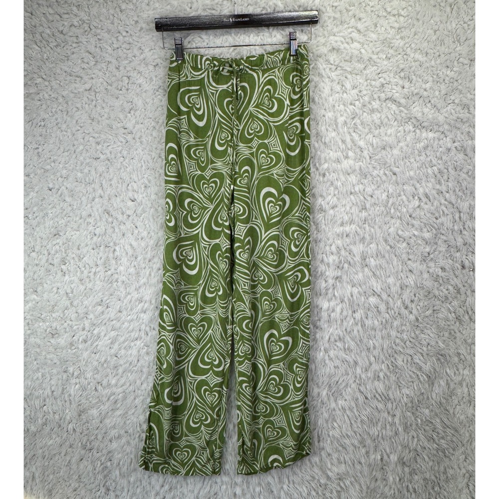 Lisa Says Gah Wide Leg Pants S Green Psychedelic Heart Print Retro Indie Sleaze